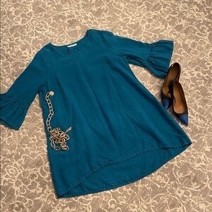 Bryn Walker Blue Tunic with Ruffled Sleeves